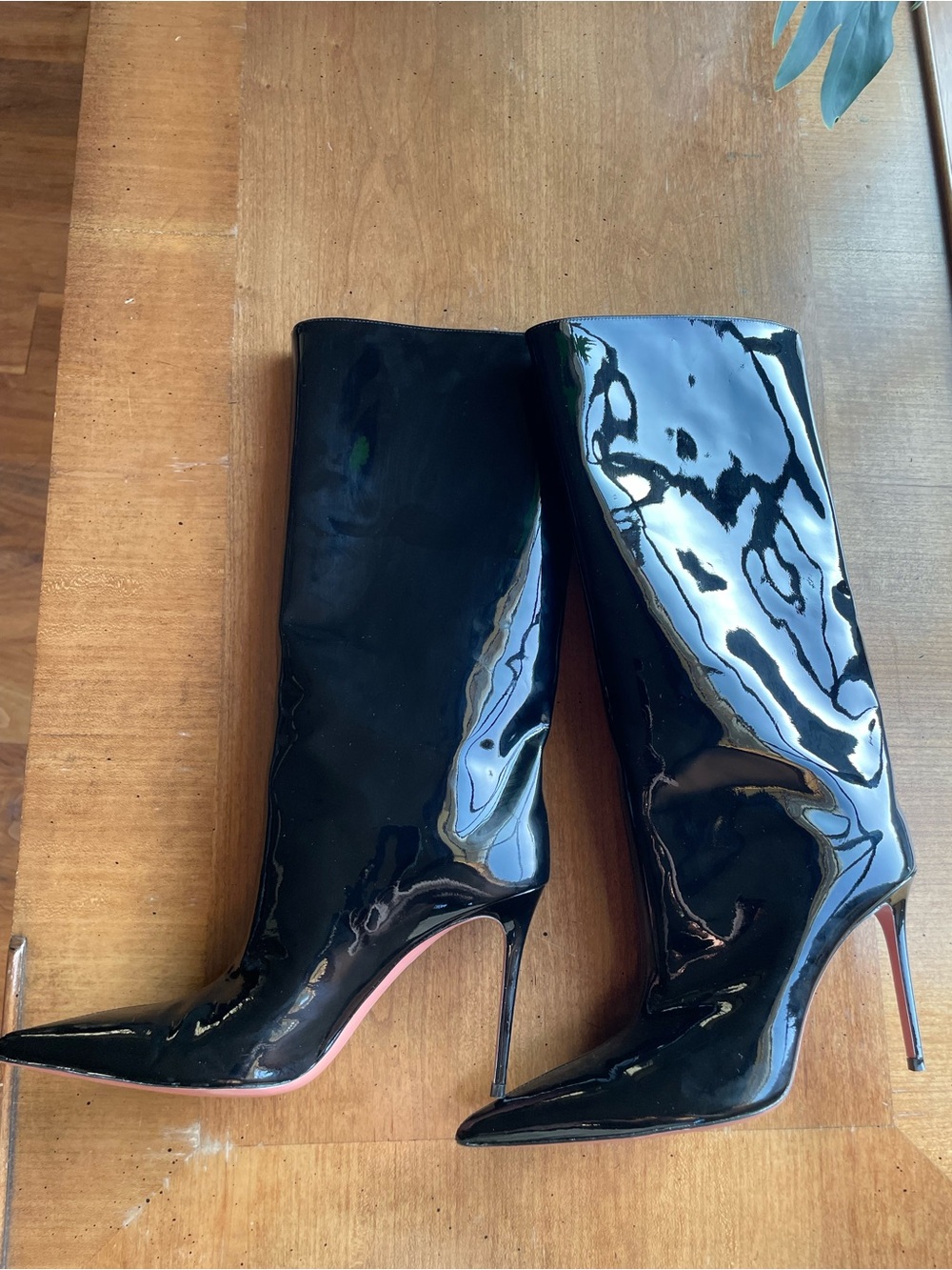 Amina Muaddi Black Patent Leather Pointed Toe Knee Boots size 38.5